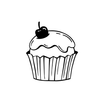 Cupcake with frosting and cherry. Black and white vector illustr