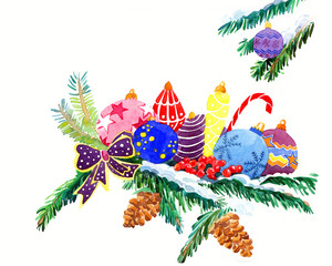 Christmas winter branch watercolor isolated on the white background