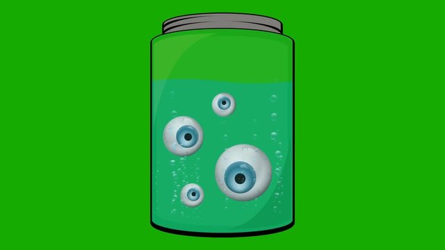 Cartoon Funny Eyeballs floating in a glass Jar with bubbles on a Green Screen