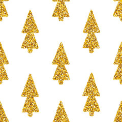 Obraz premium Vector white seamless pattern with glam golden glitter Christmas trees. Shiny gold spruce abstract background.