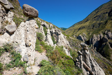 Nature phenomenon Stone Mushrooms in Altai mountains near river