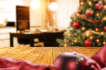 xmas tree and wooden table place 