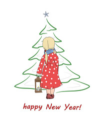 girl with a lamp in his hand on the background of the Christmas tree and the words: Happy New Year!