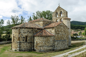 sight of the Romanesque collegiate church of San Salvador in Cantamuda, Palencia, Castile and León, Spain