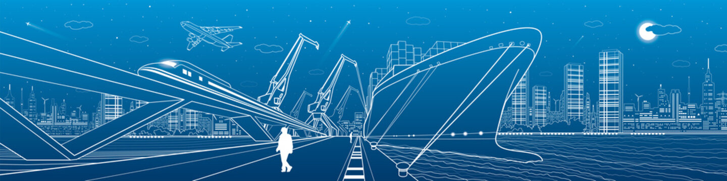 Transportation and industrial panorama. Cargo ship loading, boats on the water, sea harbor, train move on the bridge, airplane fly, night city, people go on the pier. Vector design art