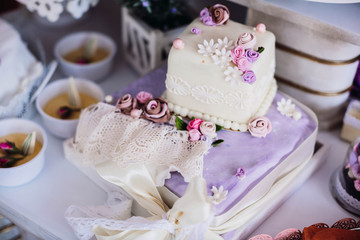 beautiful and delicate wedding cake in purple tones