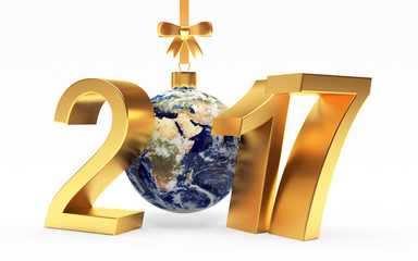 Golden numbers 2017 New Year and Christmas ball in the form of the planet Earth with ribbon on white. Elements of this image furnished by NASA. 3D illustration 