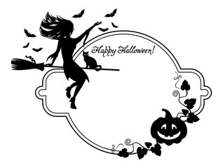 silhouette of a young girl in the witch costume, black cat, bats