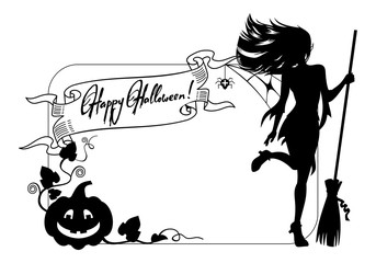 Silhouette of a young girl in the witch costume,  pumpkin  and holiday greeting 