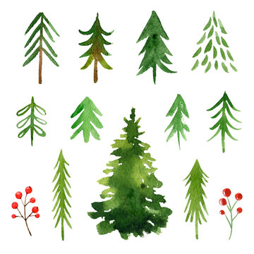 Watercolor Christmas trees collection

