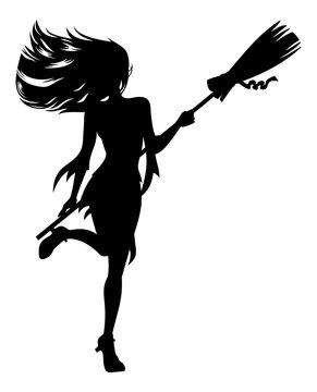 recommend clip art: Girl with a broom in witch costume. Halloween witch silhouette.