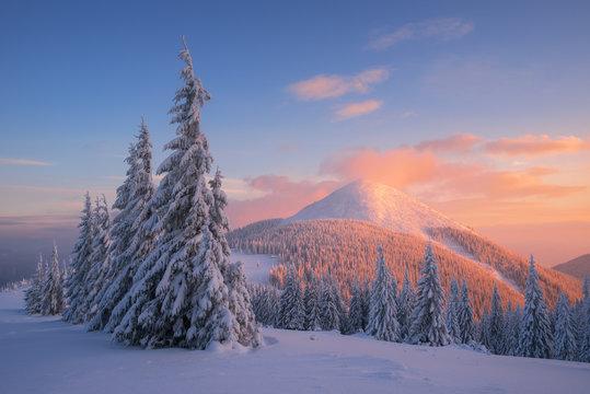 Christmas landscape in the winter mountains at sunset