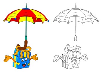 Smiling blue gift parachute as coloring books for small children - vector eps