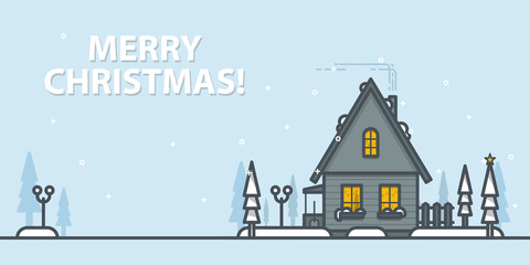 Christmas greeting card. Winter landscape with house on a blue background. Outline vector illustration.