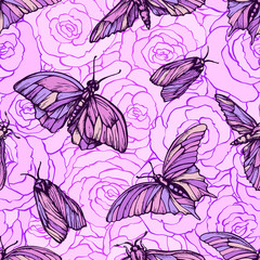 Vector seamless pattern with butterflies in soft pink colors on roses. Stylish graphic texture