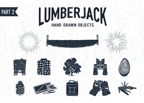 Hand drawn lumberjack textured icons set 2. Vector illustrations.