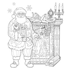 Santa Claus in the house by the fireplace with gifts. Coloring book page for adults. Linear doodle Christmas vector illustration.
