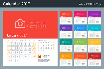 Fototapeta na wymiar Calendar for 2017 Year. Week Starts Sunday. 2 Months on Page. Vector Design Print Template with Place for Photo and Company Logo