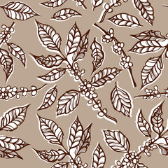 Seamless pattern with coffee plants. Branches with leaves and coffee beans in brown colors. Hand drawn. 