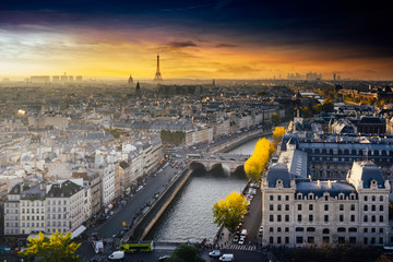 Aerial view of Paris, France from Notre-Dame Cathedral with Eiffel Tower in the distance....