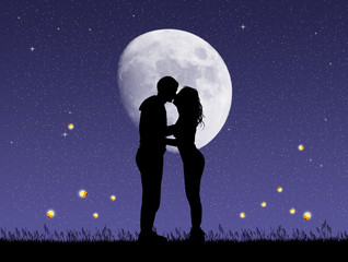 couple kissing with fireflies