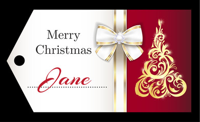 Fototapeta na wymiar Luxury red Christmas name tag with golden ornament Christmas tree and white ribbon