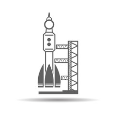 black launch site with rocket, spaceport icon, vector illustrati