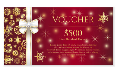 Fototapeta na wymiar Luxury red Christmas voucher with golden snowflakes and white ribbon