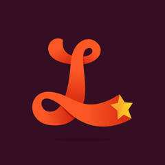 L letter ribbon logo with golden star.