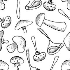 Vector illustration, Seamless black and white background with different mushrooms. Hand drawn contour lines and strokes. Graphic vector illustration