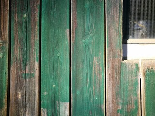 Holzfassade mit alter verblichener grüner Farbe und Fenster mit Riffelglas auf einem alten...