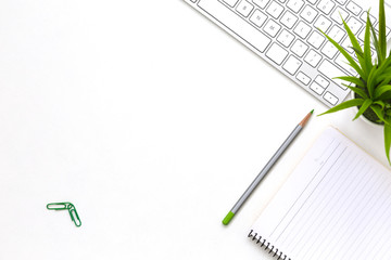 Modern white office desk flat lay with business items and plant