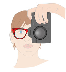 girl photographer looks through the camera lens. vector illustration