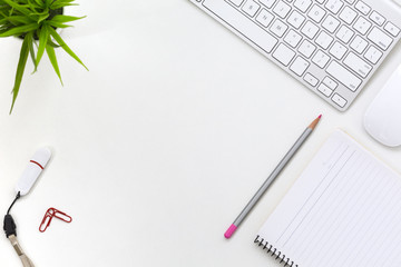 Top view of flat Lay office workplace on white Table