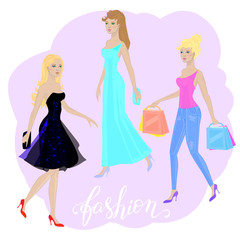 Set of girls in different styles, in different clothes. Fashion,