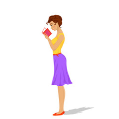 Cartoon character of  girl reading  book seriously on white back