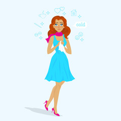 Cold. Sneeze. Vector isolated illustration. Cartoon character