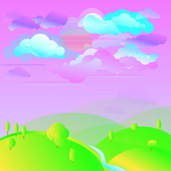 Cartoon landscape with river, hills and clouds. Vector illustrat