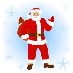 Cartoon illustration of Santa Claus on background with snowflake