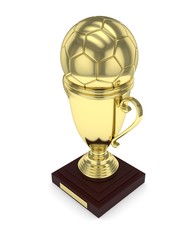 Golden cup and golden ball on white background. 3D rendering.