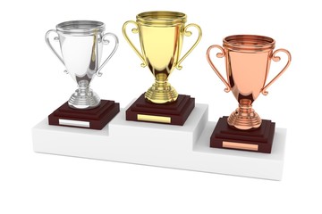 Three cups on white pedestal. 3D rendering.