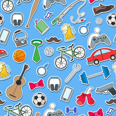 Seamless pattern on the theme of male Hobbies and habits,simple hand-drawn  icons on blue background