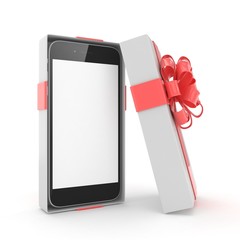 Smartphone in gift box. Isolated on white background. 3d rendering.
