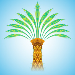 symmetrical decorative palm of rhythmic ornamental geometric elements on a celestial blue background, vector