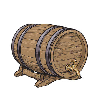 Wooden barrel with tap resting on stands, sketch style vector illustrations isolated on white background. Side view of wine, rum, beer classical wooden barrel with a tap