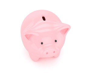 Pink shiny piggybank on white background. Concept of investment, savings and more. 3D rendering.