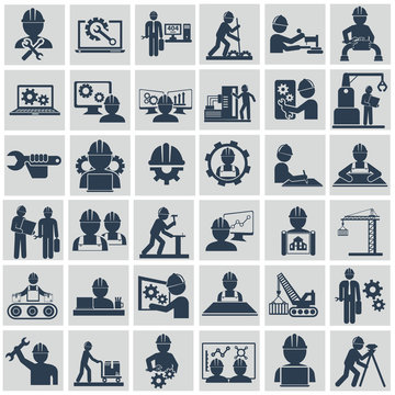 Engineer Construction Equipment Machine Operator Managing And Manufacturing Icons Flat Set Isolated Vector Illustration