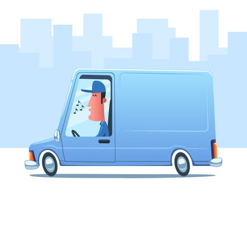 Cartoon whistling man driving a service van against the background of city.