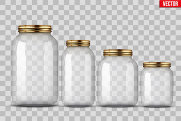 Set of Glass Jars for canning and preserving. With cover and without lid. Vector Illustration isolated on transparent background.