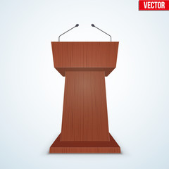 Wooden Podium Speaker Tribune with Microphones. Speech symbol. Vector Illustration Isolated on Background. - obrazy, fototapety, plakaty